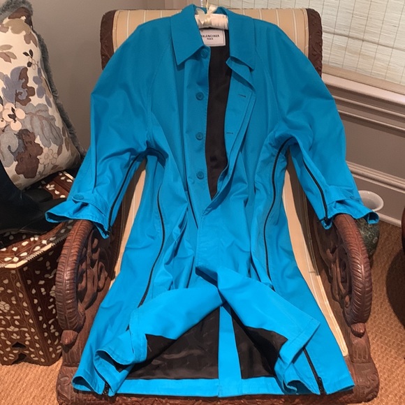 BALENCIAGA BLUE COTTON GABARDINE A-LINE TRENCH COAT W/BLACK ZIPPER ARM-HEMLINE 4 - Picture 2 of 16
